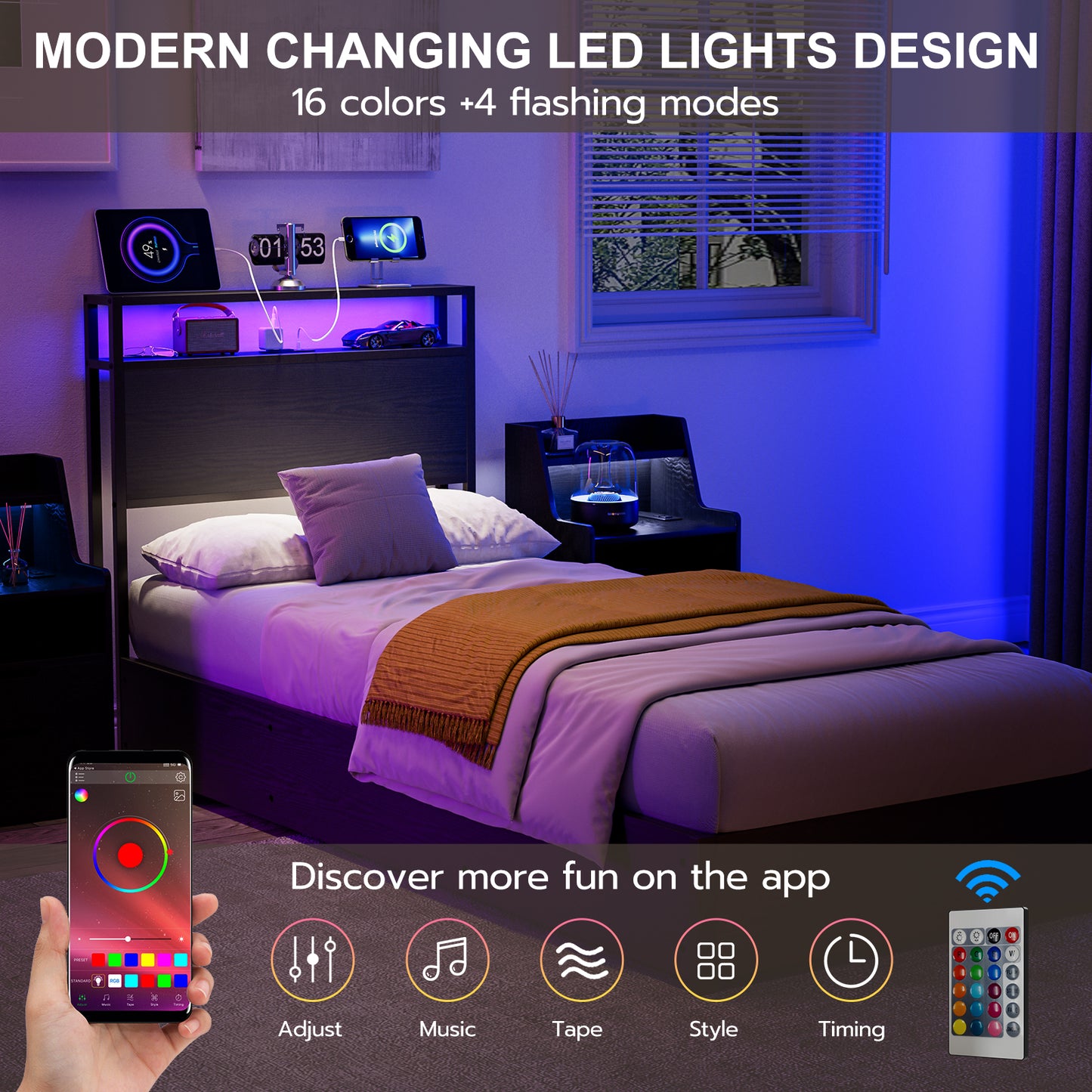 Metal Storage Headboard With RGB LED Light & Charging Station