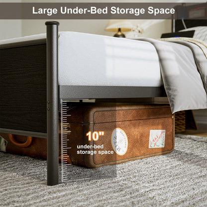 LED Bed Frame with Storage Shelf Headboard & Charging Station with Strong Steel Slats No Box Spring