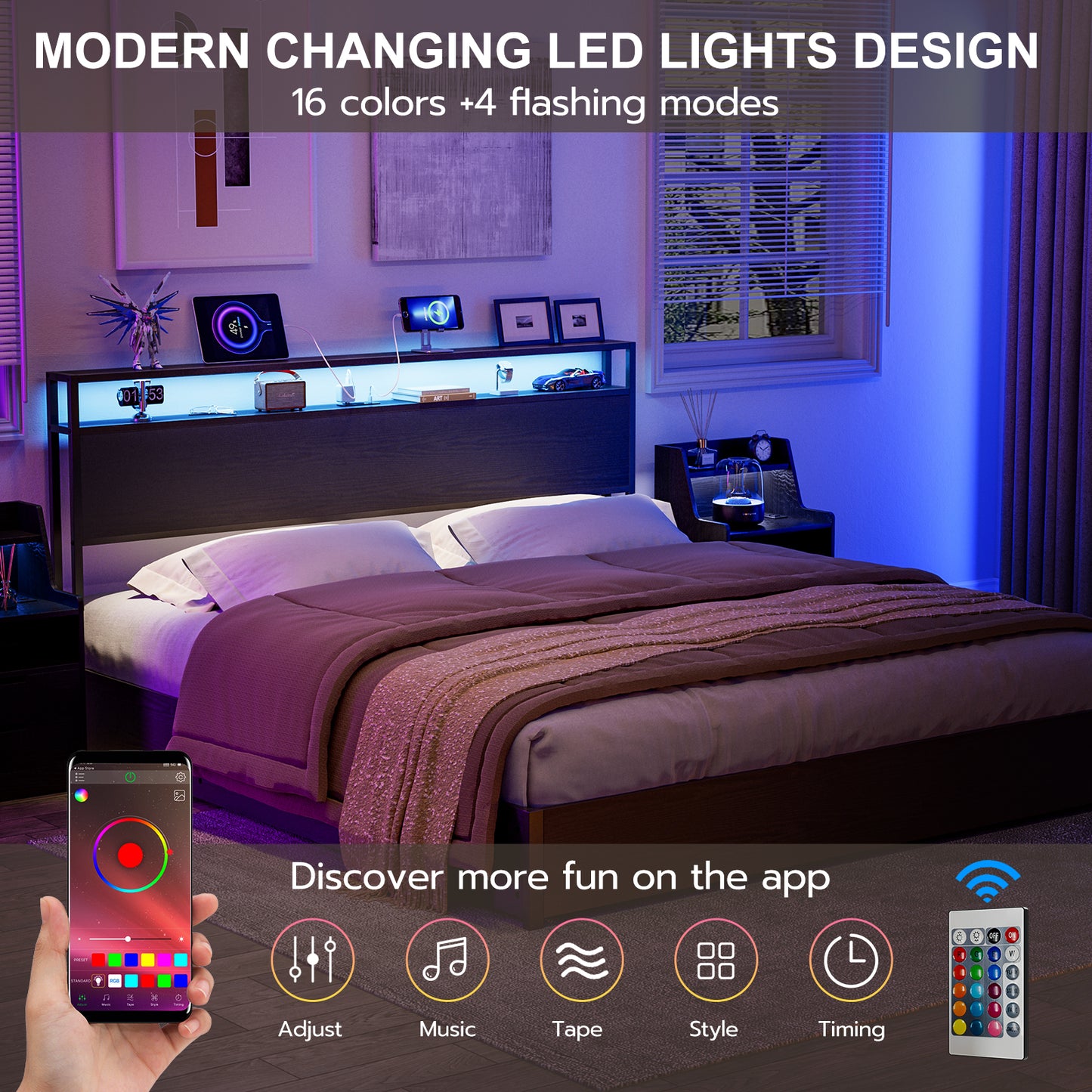 Metal Storage Headboard With RGB LED Light & Charging Station