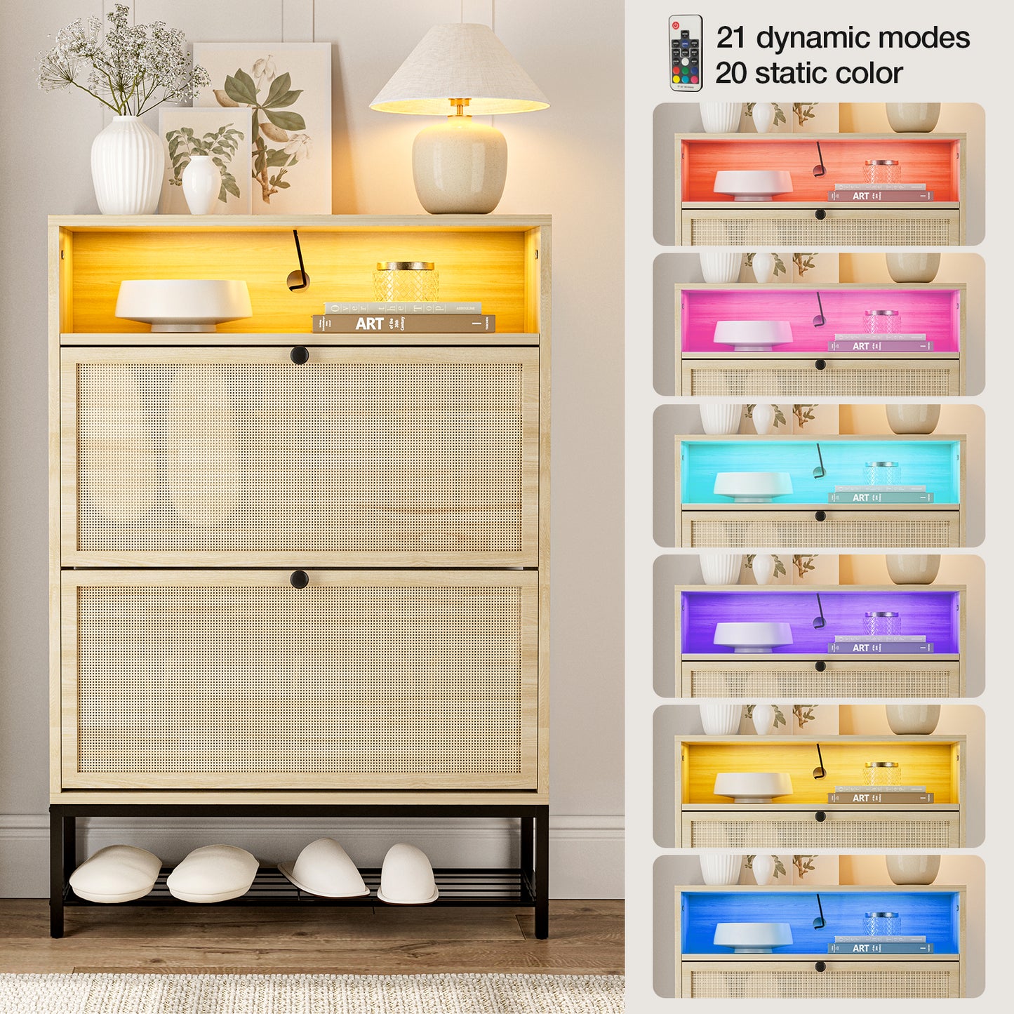 Rattan Shoe Cabinet with LED Light, 2 Flip Drawers & Open Shelves
