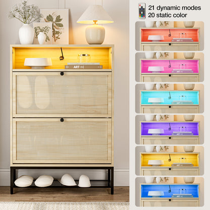 Rattan Shoe Cabinet with LED Light, 2 Flip Drawers & Open Shelves