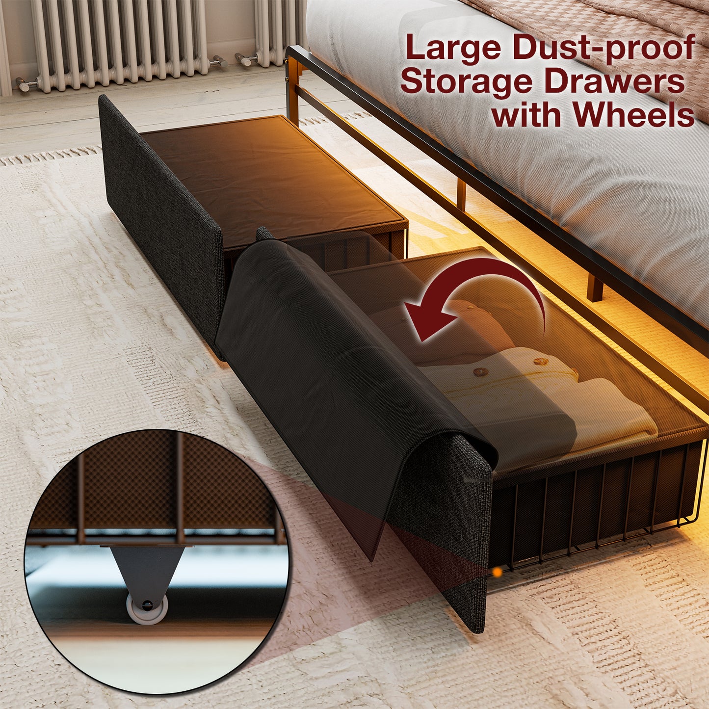 LED Bed Frames with Storage Drawers, Storage Upholstered headboard with Charging Station