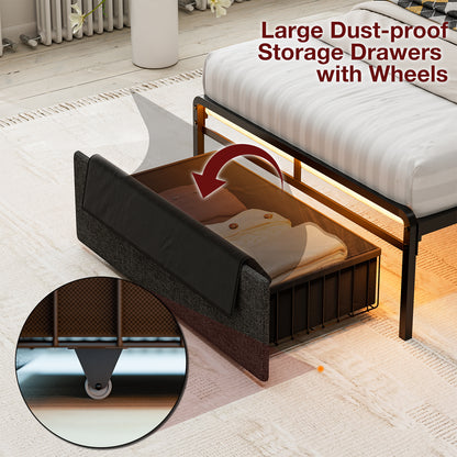 LED Bed Frames with Storage Drawers, Storage Upholstered headboard with Charging Station