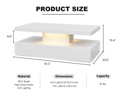 LED Coffee Table 2-Tier Rectangle Living Room Center Table with 16 Colors Lights