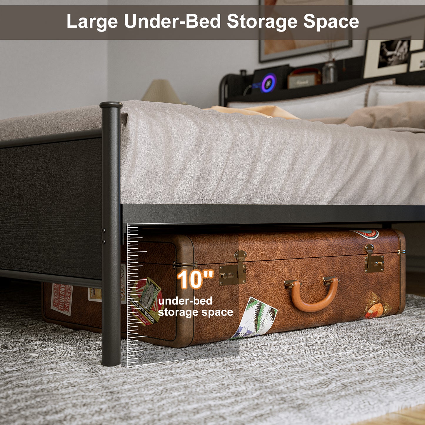 LED Bed Frame with Storage Shelf Headboard & Charging Station with Strong Steel Slats No Box Spring
