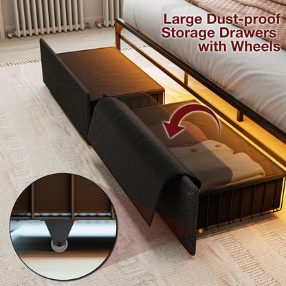 LED Bed Frames with Storage Drawers, Storage Upholstered headboard with Charging Station