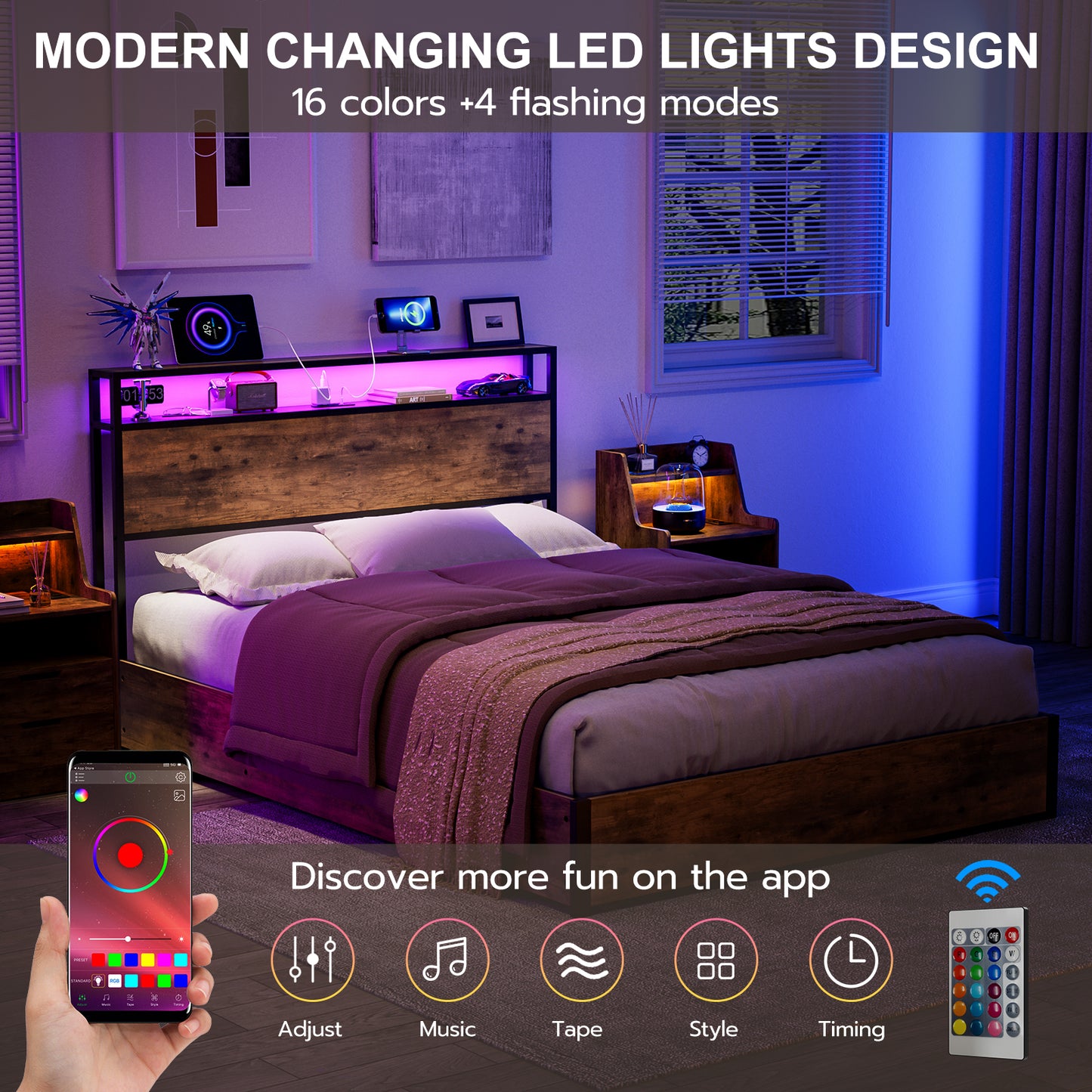 Metal Storage Headboard With RGB LED Light & Charging Station