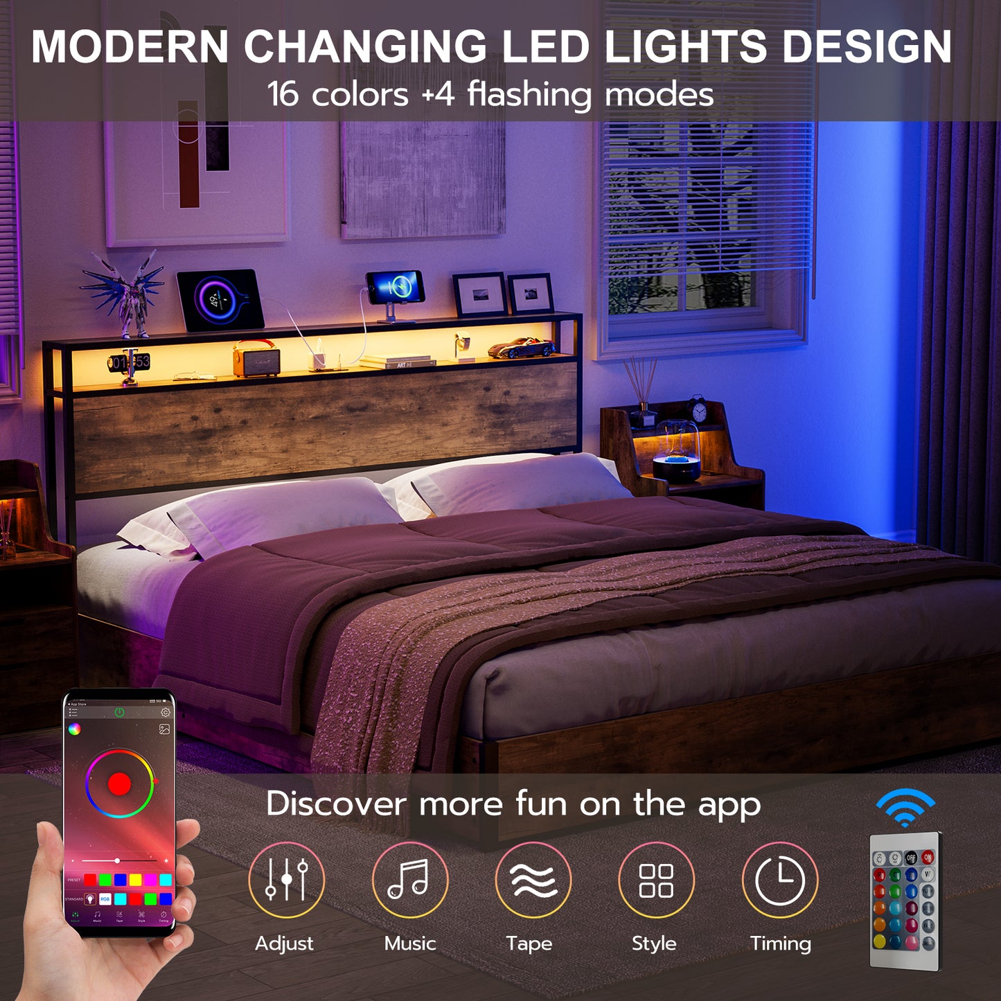 Metal Storage Headboard With RGB LED Light & Charging Station