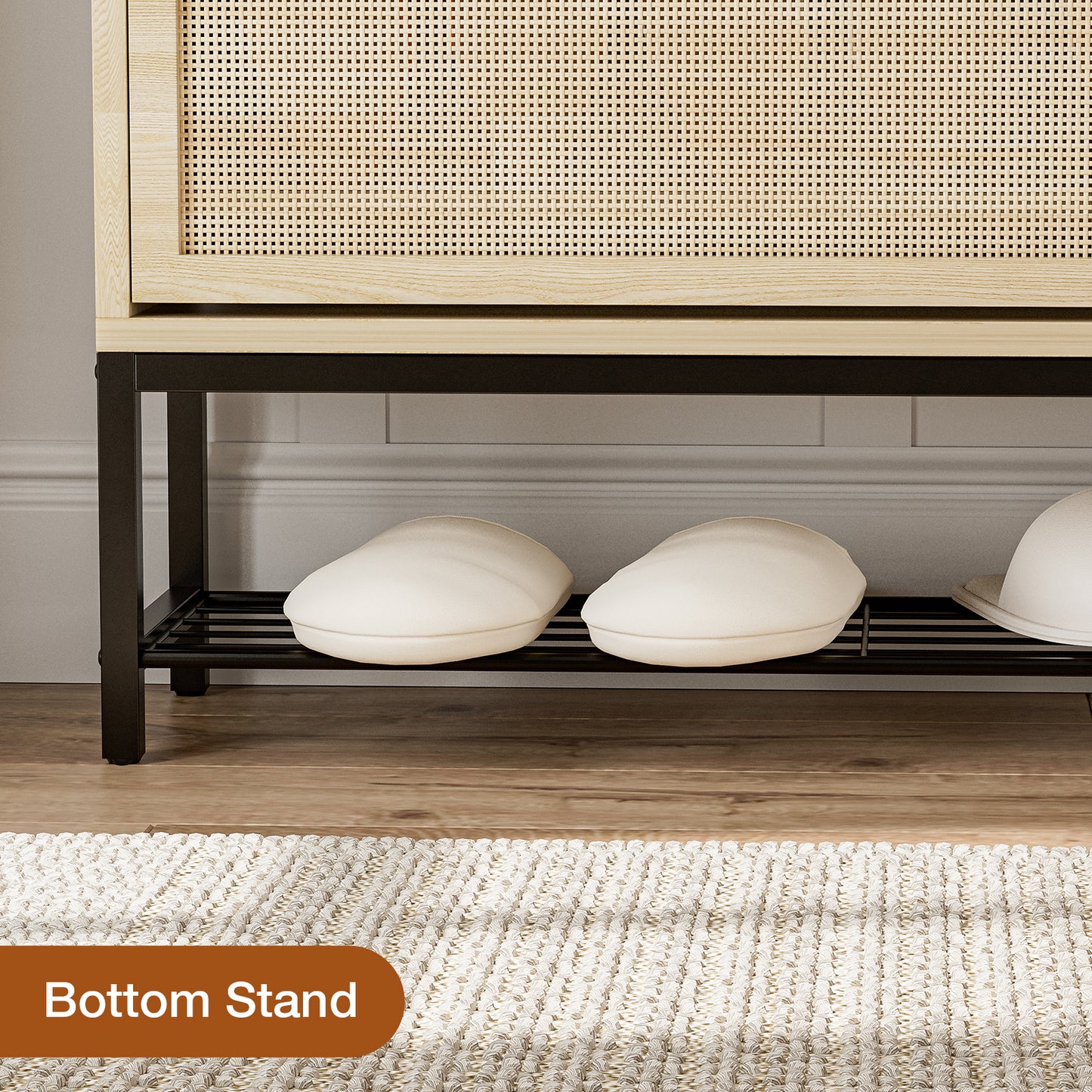 Rattan Shoe Cabinet with LED Light, 2 Flip Drawers & Open Shelves