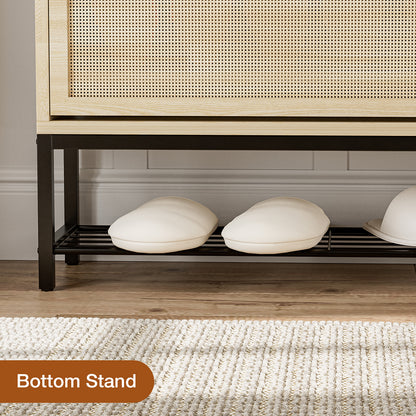 Rattan Shoe Cabinet with LED Light, 2 Flip Drawers & Open Shelves