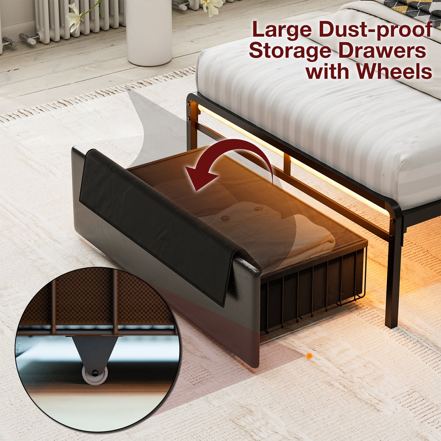 LED Bed Frames with Storage Drawers, Storage Upholstered headboard with Charging Station