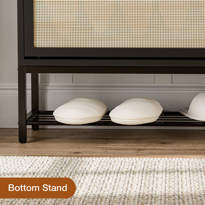 Rattan Shoe Cabinet with LED Light, 2 Flip Drawers & Open Shelves