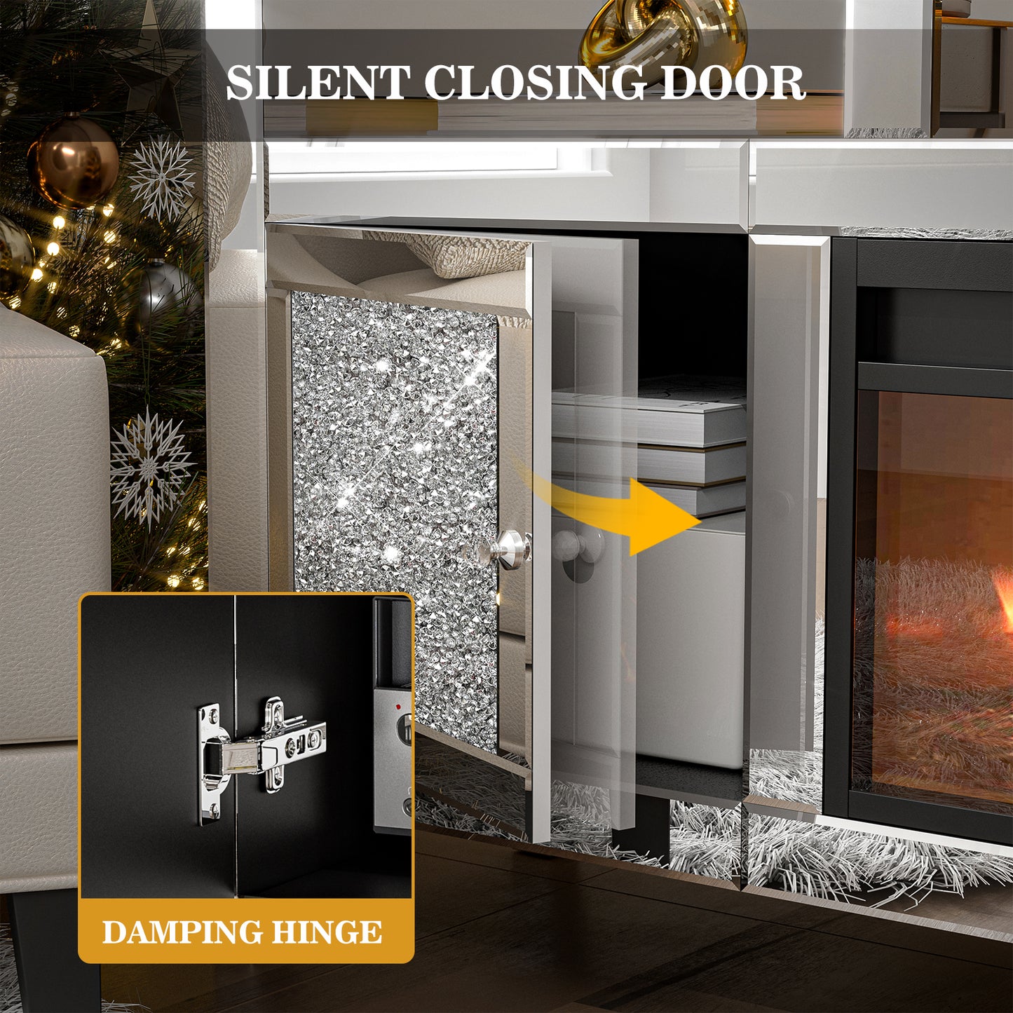 Mirrored Fireplace TV Stand for 65+ inch, Silver Console Table with Crushed Diamond and LED
