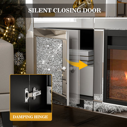 Mirrored Fireplace TV Stand for 65+ inch, Silver Console Table with Crushed Diamond and LED