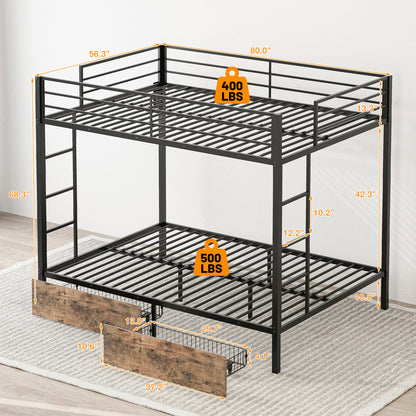 Bunk Beds with 2 Storage Drawers, Metal Full Size Bunk Bed with LED Lights and Charging Station, Safety Guardrail