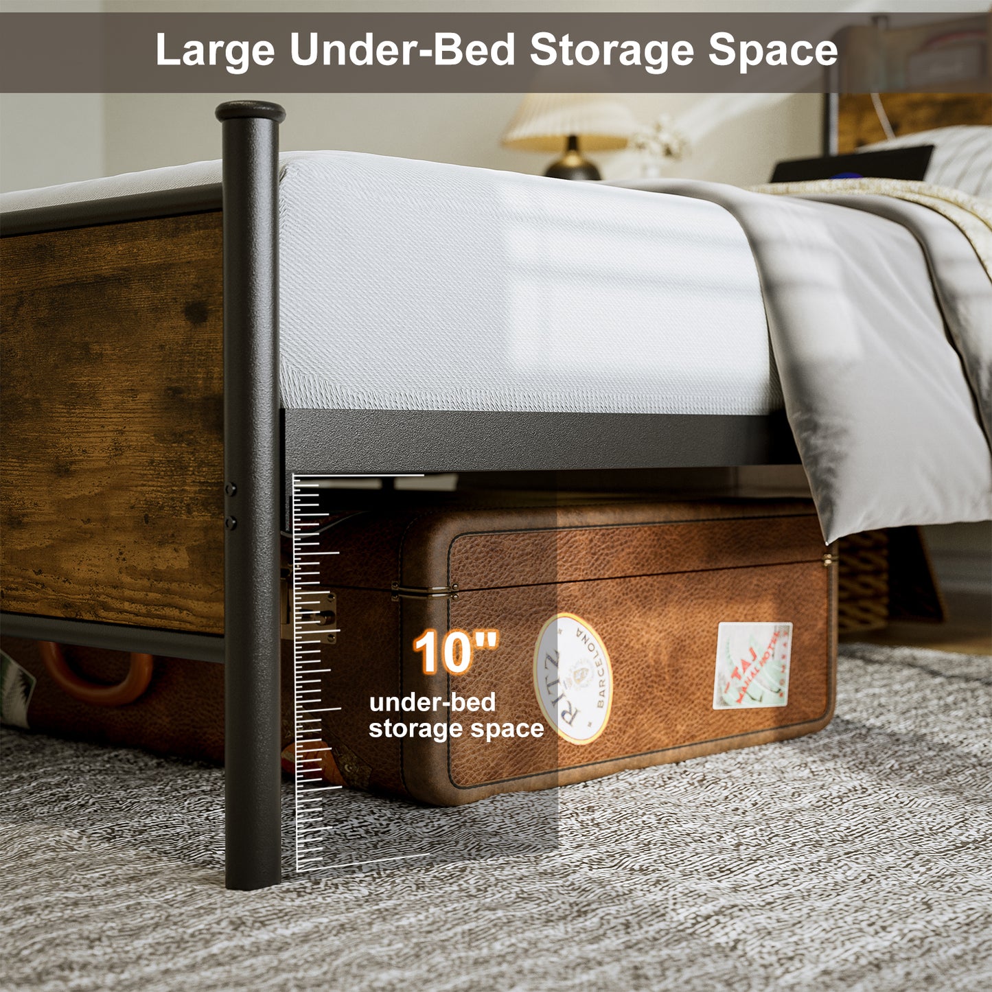 LED Bed Frame with Storage Shelf Headboard & Charging Station with Strong Steel Slats No Box Spring