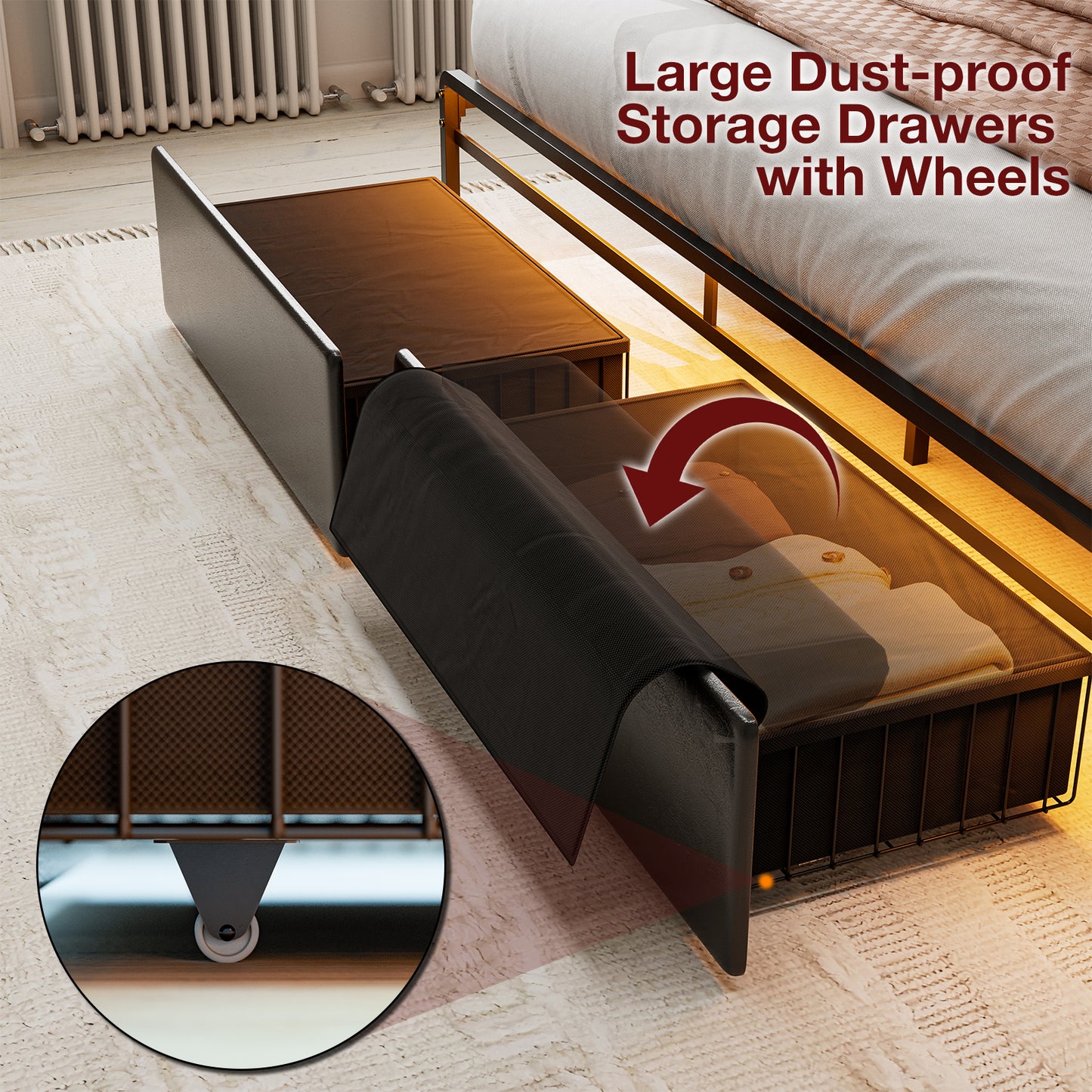 LED Bed Frames with Storage Drawers, Storage Upholstered headboard with Charging Station