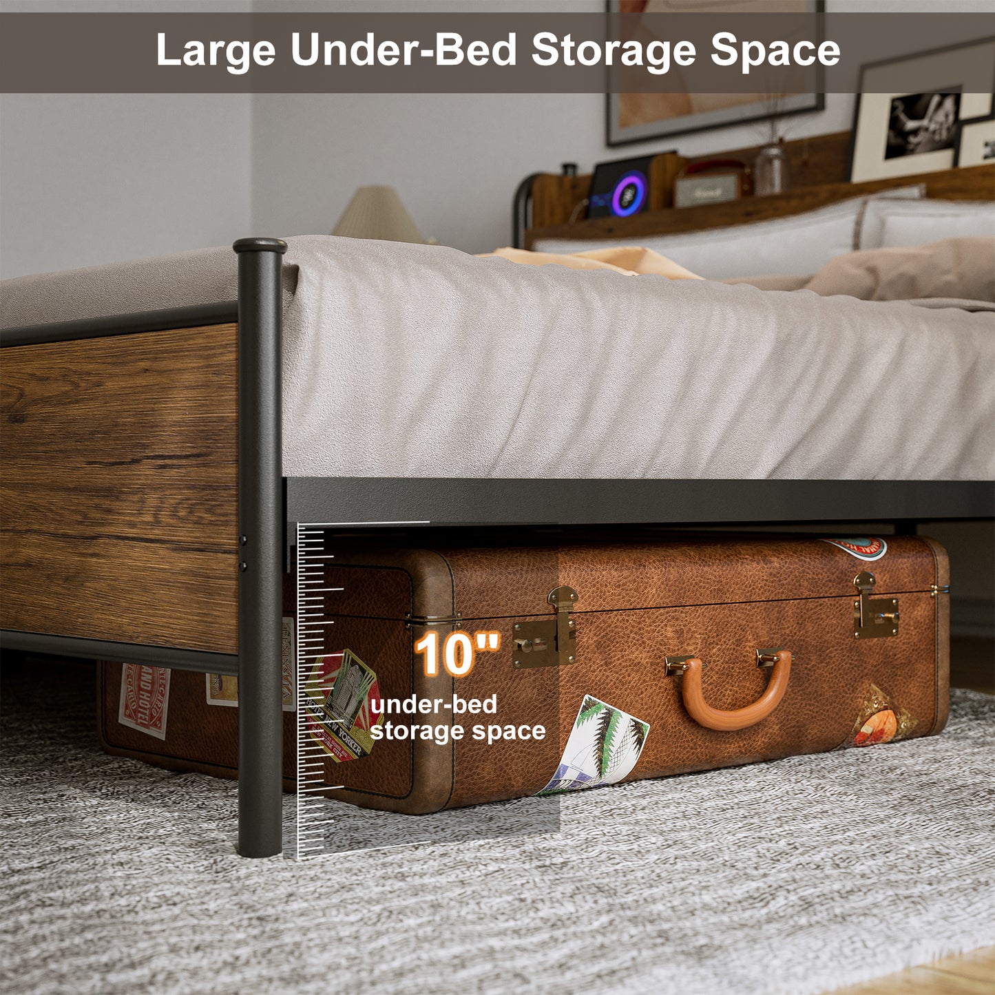 LED Bed Frame with Storage Shelf Headboard & Charging Station with Strong Steel Slats No Box Spring