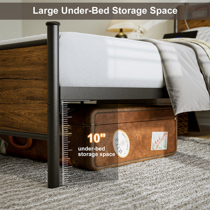 LED Bed Frame with Storage Shelf Headboard & Charging Station with Strong Steel Slats No Box Spring