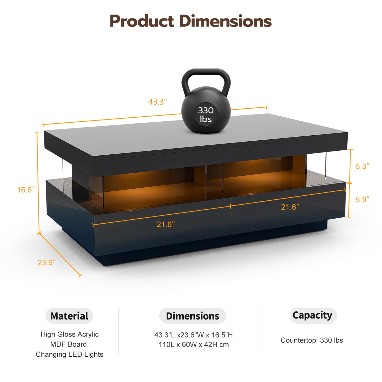 LED Coffee Table with Open Space 2 Storage Drawers 16 Colors LED Lights
