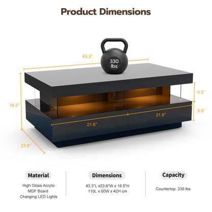 LED Coffee Table with Open Space 2 Storage Drawers 16 Colors LED Lights