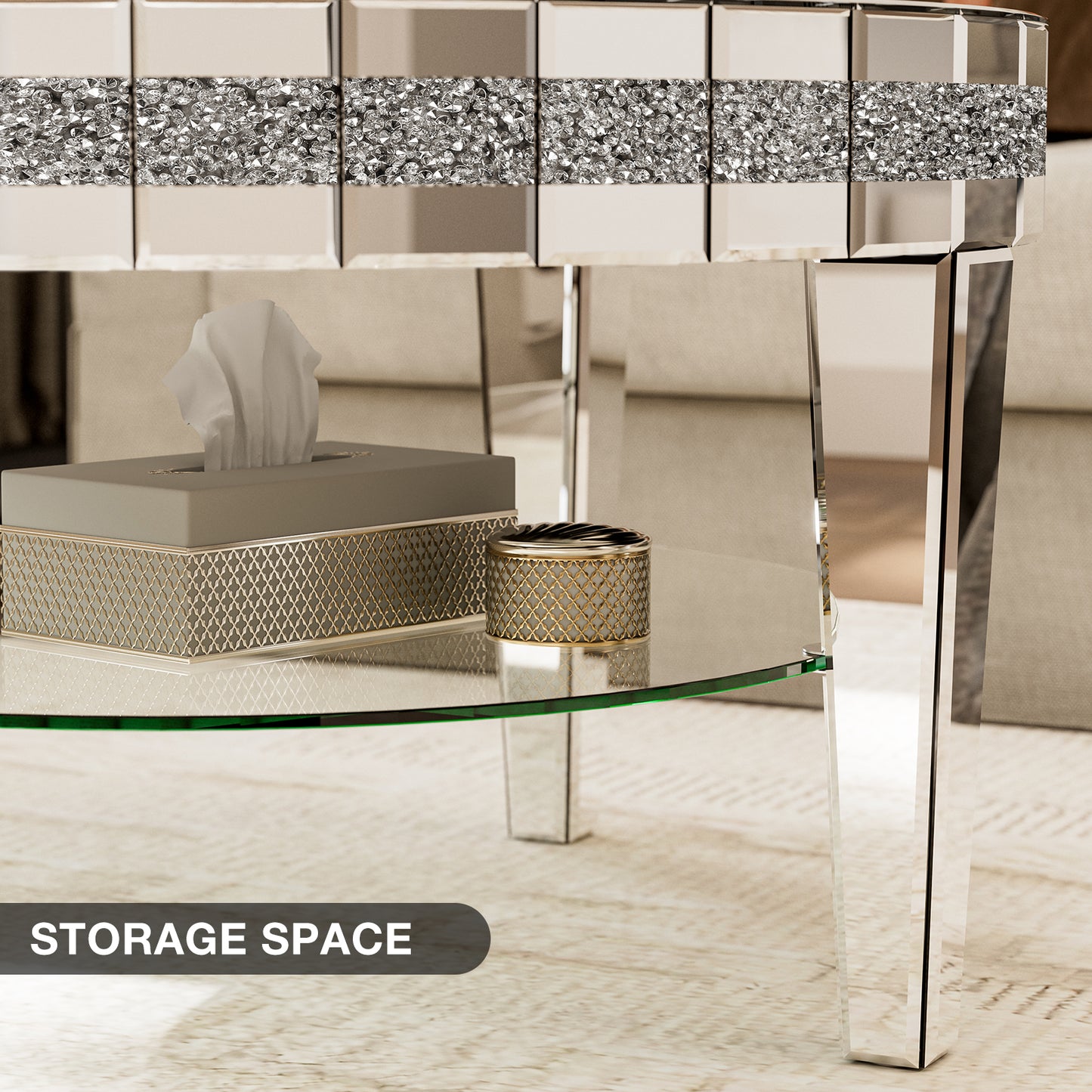 Round Mirrored Coffee Table With storage