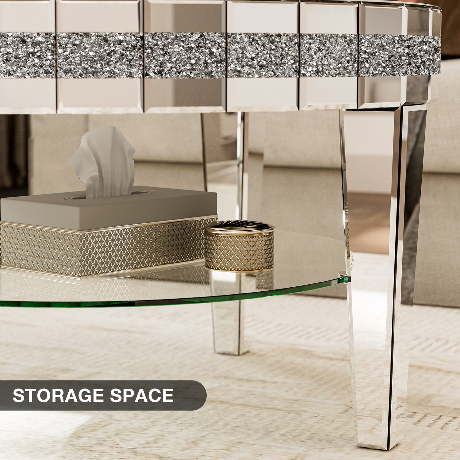 Round Mirrored Coffee Table With storage