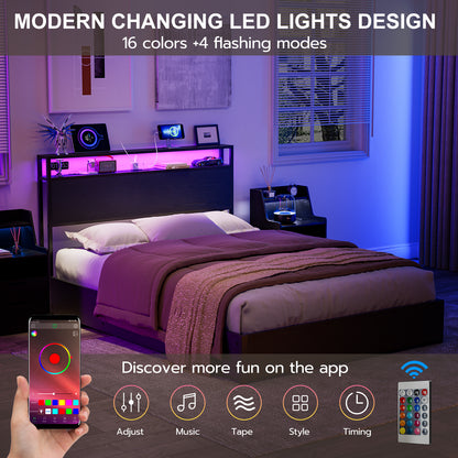 Metal Storage Headboard With RGB LED Light & Charging Station