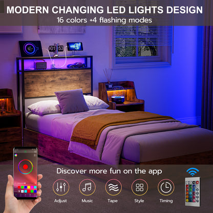 Metal Storage Headboard With RGB LED Light & Charging Station