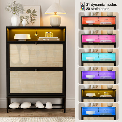 Rattan Shoe Cabinet with LED Light, 2 Flip Drawers & Open Shelves