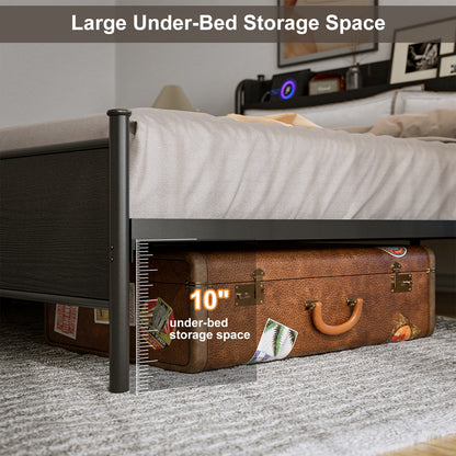 LED Bed Frame with Storage Shelf Headboard & Charging Station with Strong Steel Slats No Box Spring