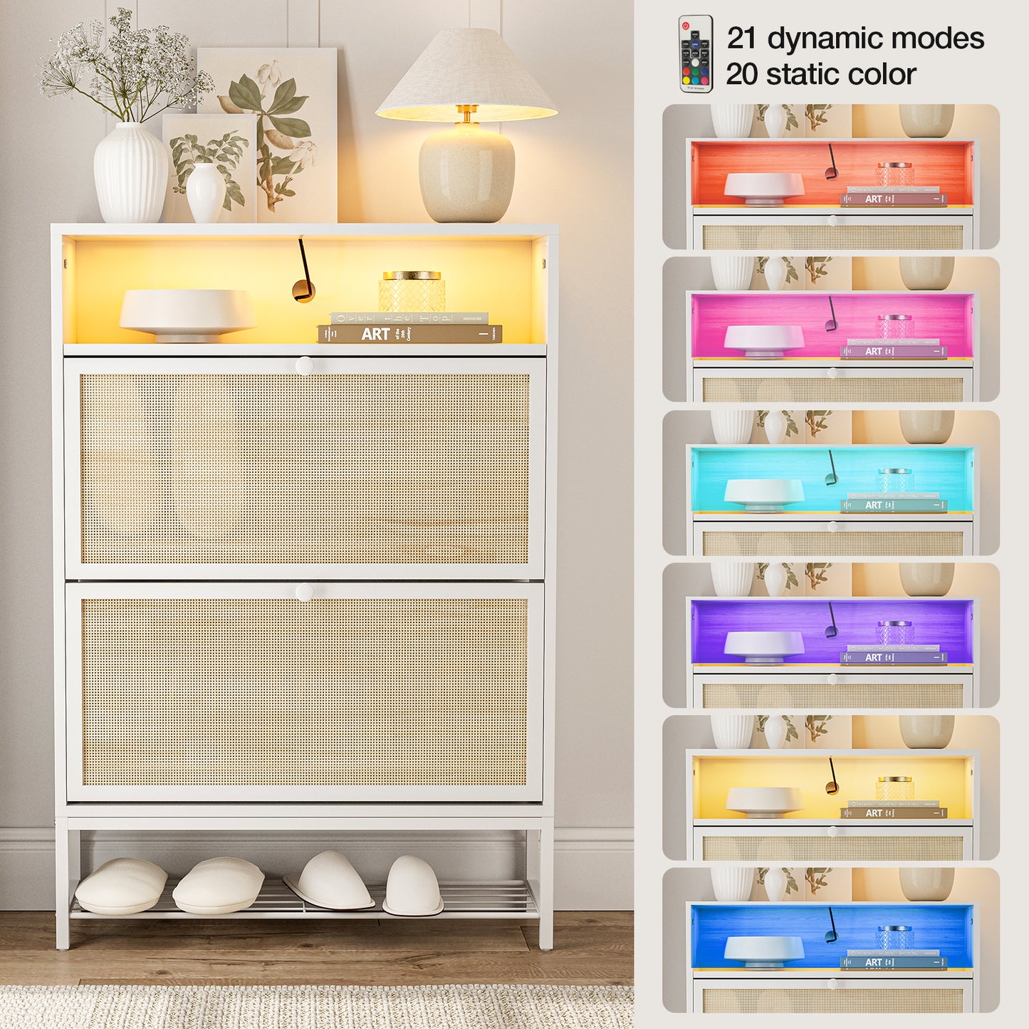 Rattan Shoe Cabinet with LED Light, 2 Flip Drawers & Open Shelves