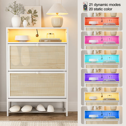 Rattan Shoe Cabinet with LED Light, 2 Flip Drawers & Open Shelves