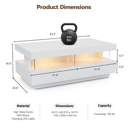 LED Coffee Table with Open Space 2 Storage Drawers 16 Colors LED Lights