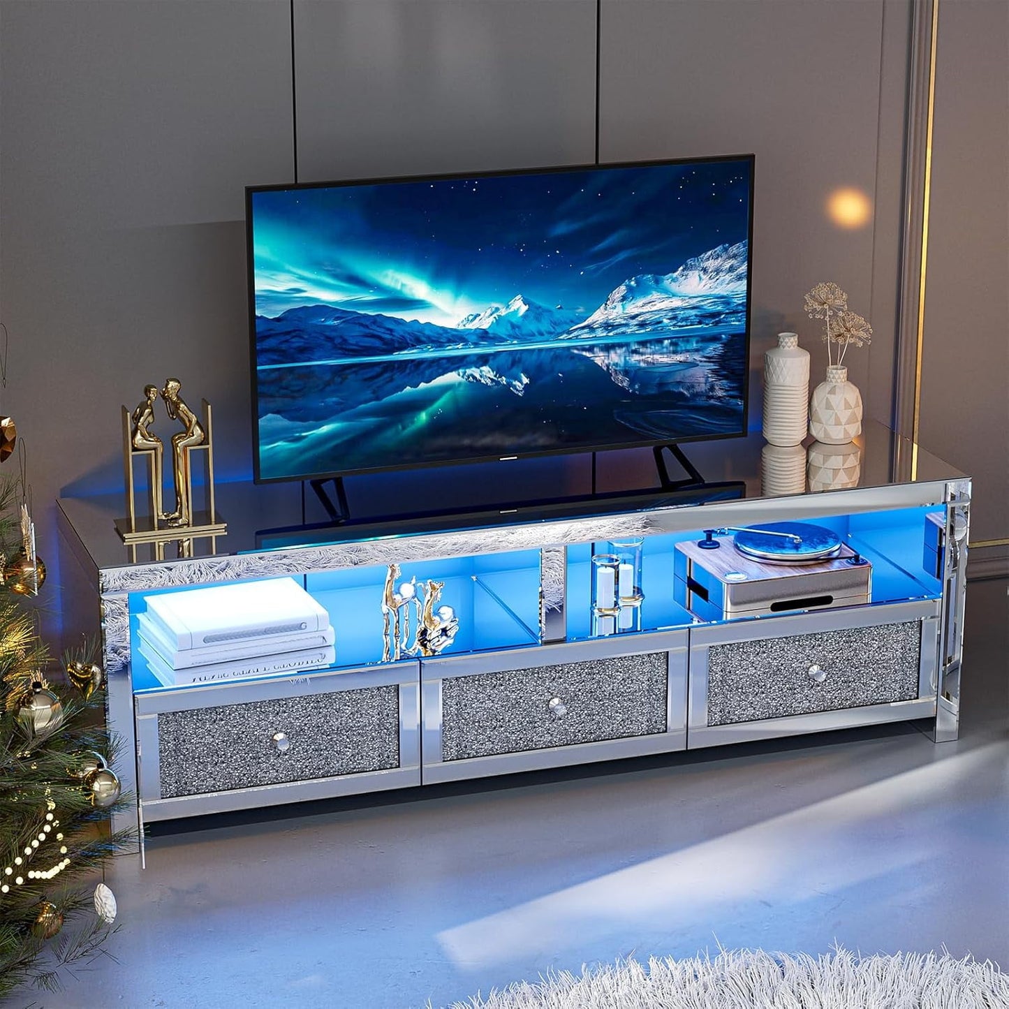 ARICOEASY Mirrored TV Stand for 65+ Inch TV, Silver Entertainment Center with Crushed Diamond Finish, LED Lights, 3 Drawers & 2 Open Shelves