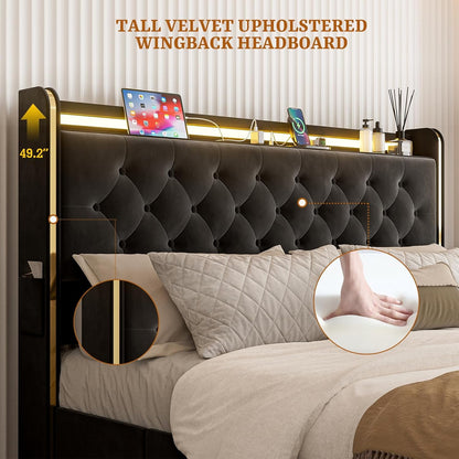 ARICOEASY Bed Frames with 3 Drawer Storage, Velvet Platform Bed with Button Tufted Headboard