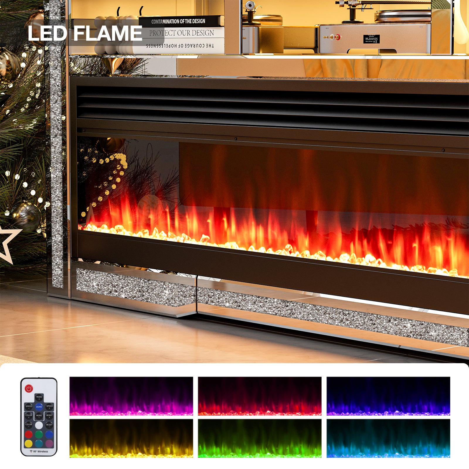 Mirrored Fireplace TV Stand, TV Console Table with Crushed Diamond