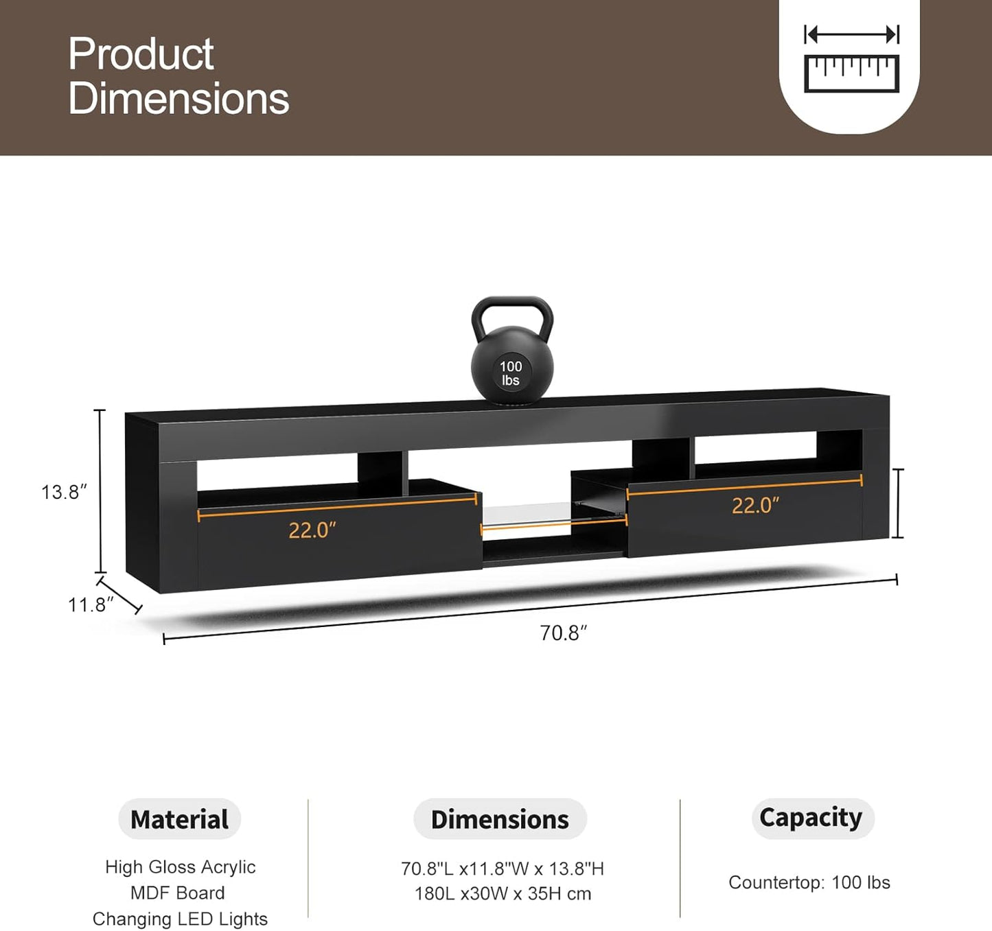 LED Floating TV Stand Modern Wall Mounted Hanging TV Cabinet