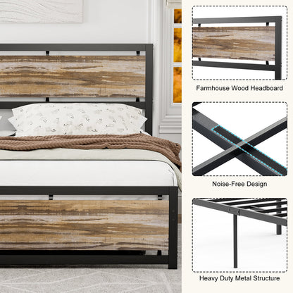 ARICOEASY Metal California King Bed Frames, Industrial Platform Bed Frame with Rustic Vintage Wooden Headboard Footboard, Easy Assembly, Brown