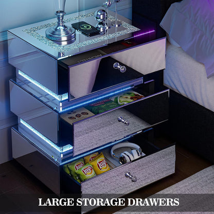 ARICOEASY Silver Finished Accent Side Table End Table with Storage Drawers and LED Light for Bedroom Living Room