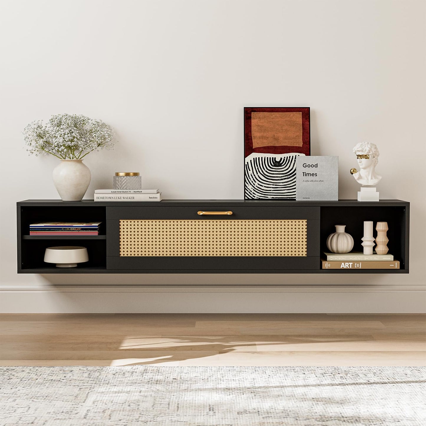 ARICOEASY Modern Wall-Mounted Media Console Floating TV Stand for 75 Inch TV with Rattan Door and Storage Space
