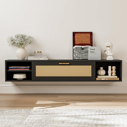 ARICOEASY Modern Wall-Mounted Media Console Floating TV Stand for 75 Inch TV with Rattan Door and Storage Space