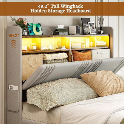 ARICOEASY King Bed Frame with Storage Headboard & 4 Drawers, Upholstered Wingback Platform Bed with LED Lights & Charging Station, 49” Tall Headboard, No Box Spring Needed, Noise-Free