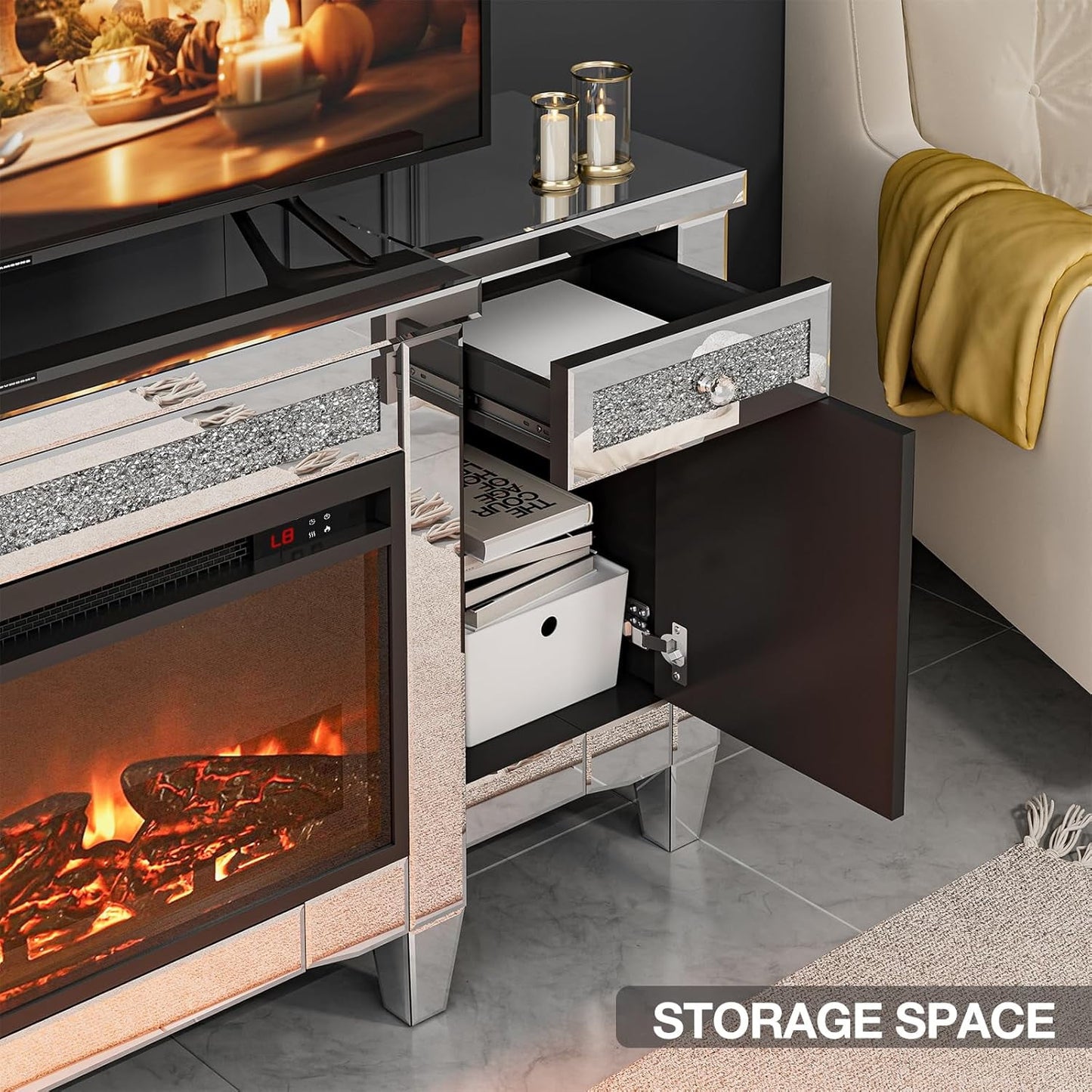 ARICOEASY Mirrored Fireplace TV Stand for TVs up to 65", Silver Crushed Diamond TV Console with Electric Fireplace and Storage Drawers & Cabinets