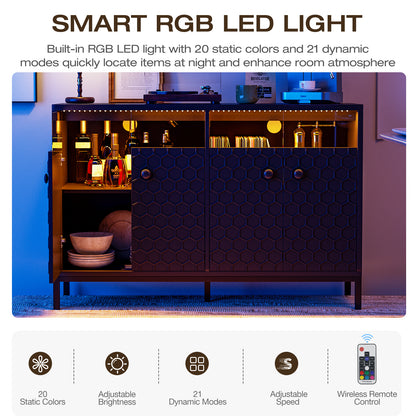LED Buffet Cabinet with Power Outlet,4 Doors Sideboard Cabinet Table
