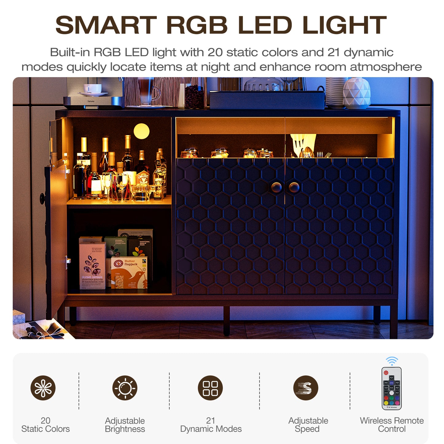 LED Buffet Cabinet with Power Outlet,3 Doors Sideboard Cabinet Table