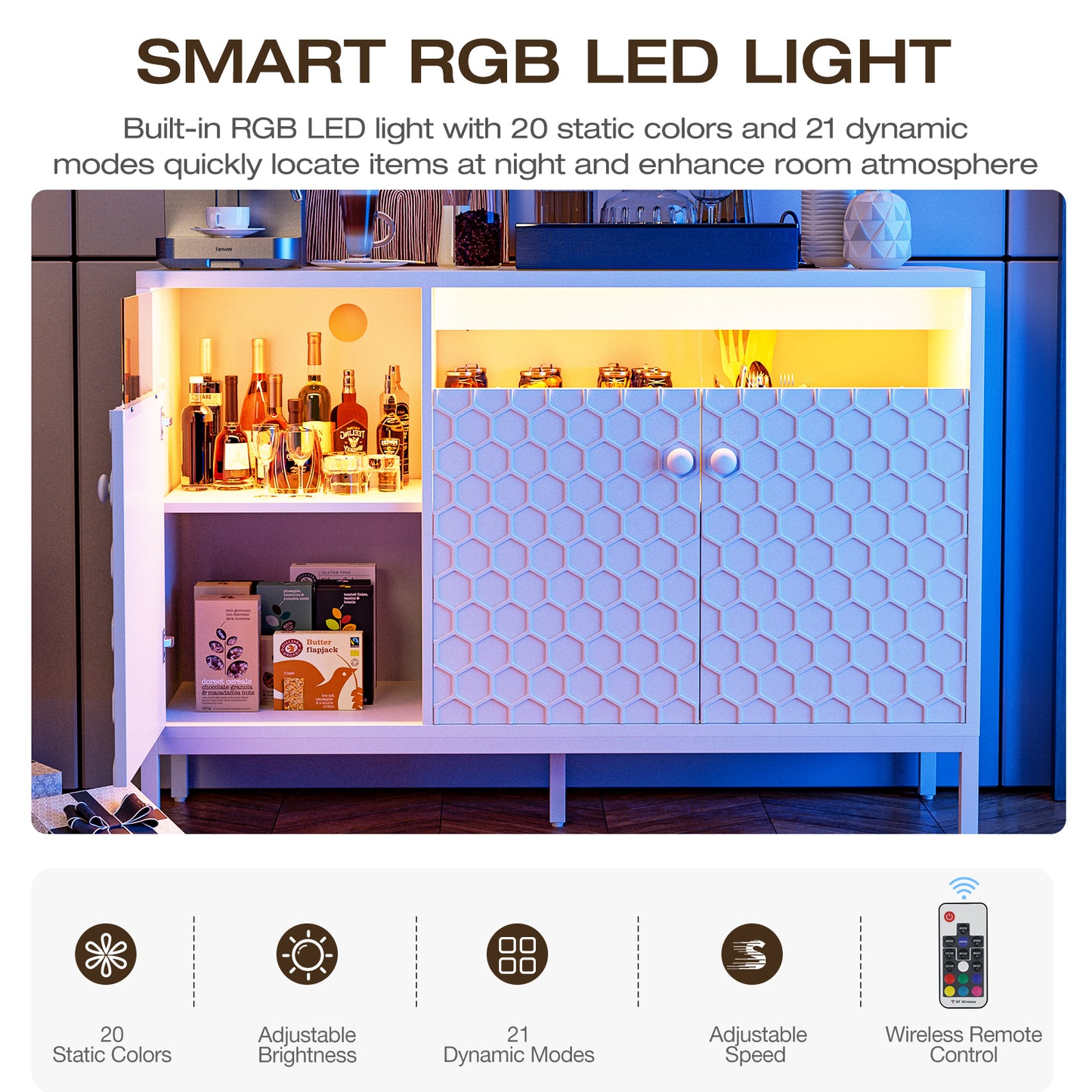 LED Buffet Cabinet with Power Outlet,3 Doors Sideboard Cabinet Table