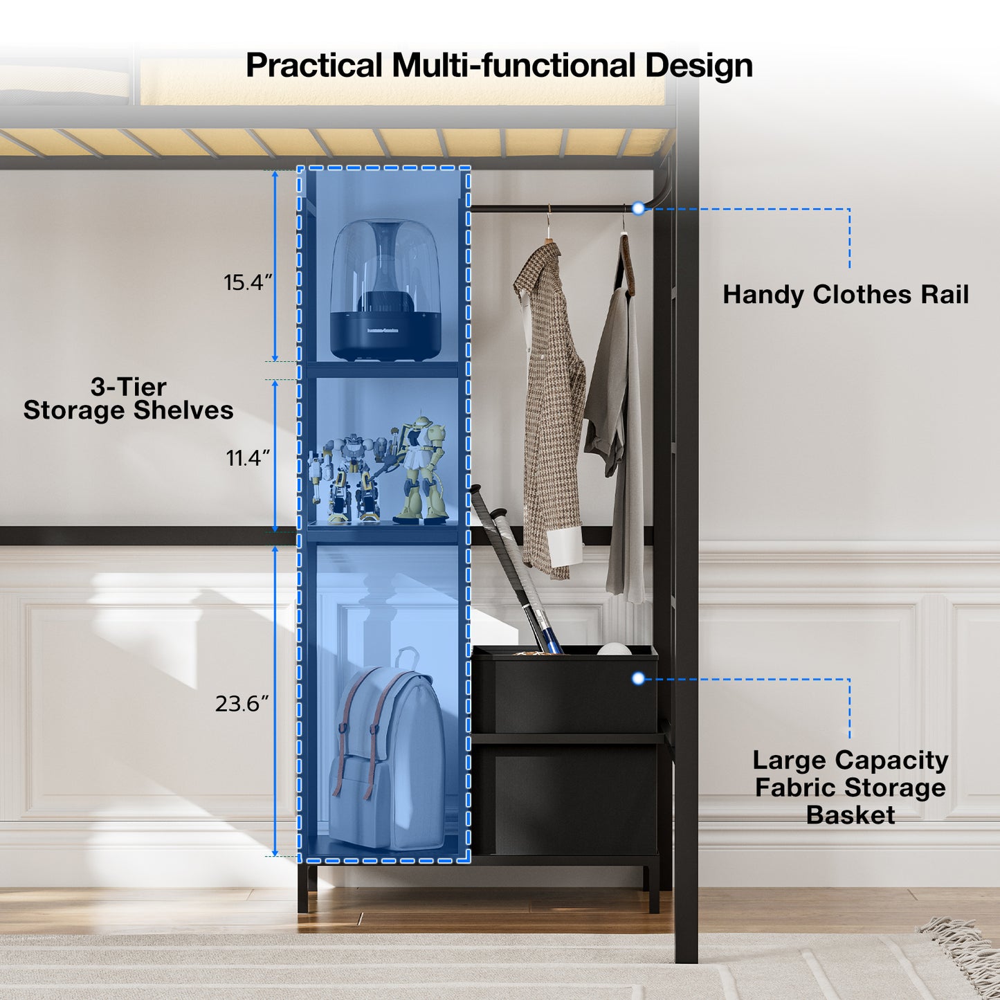 Metal Twin Loft Bed with Desk and Storage Shelves, LED Lights & Charging Station, Loft Bed Frame with 13.4” Guardrail