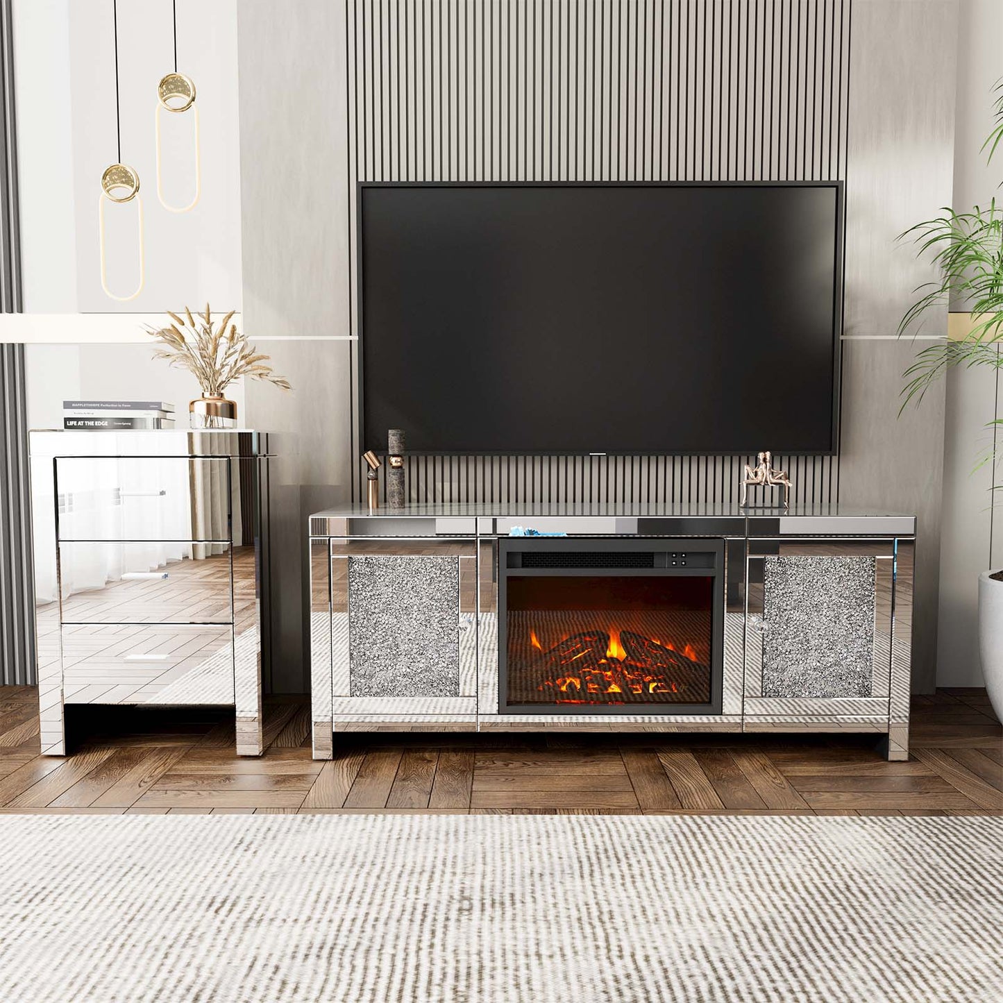 Fireplace Mirrored TV Stand with Remote Colors Changing LED Fireplace, Entertainment Center for Living Room