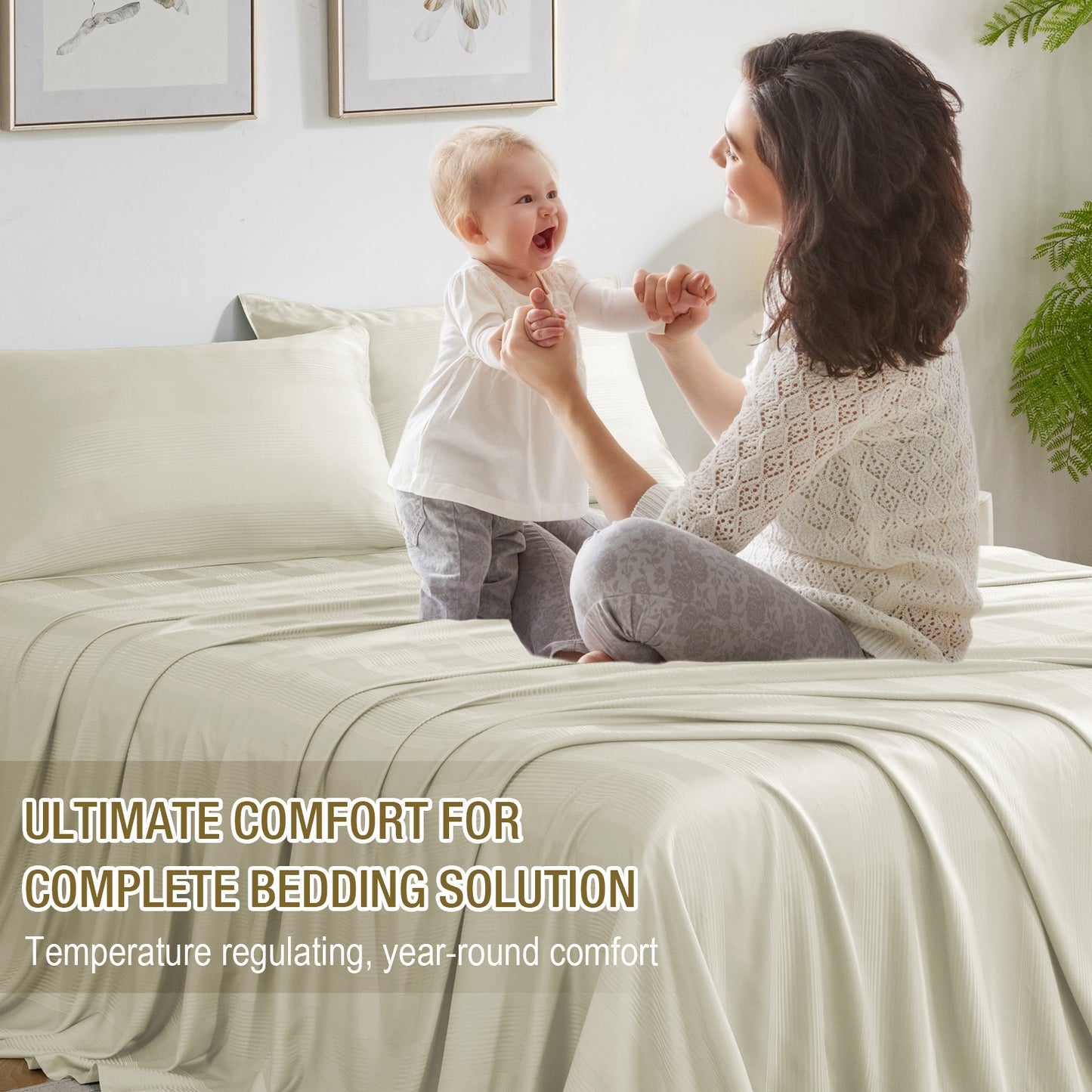 Bed Sheet Set-4 Piece 16” Deep Pocket, Striped Jacquard Ultra Soft Breathable Silky Bedding Sheets & Pillowcases-Beige